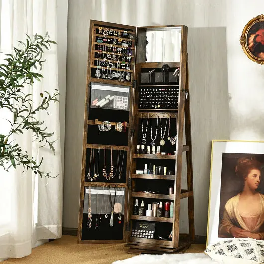 Costway 360° Rotatable 2--1 Lockable Jewelry Cabinet Full, Length Mirror, Rustic Beige, HW64483CF