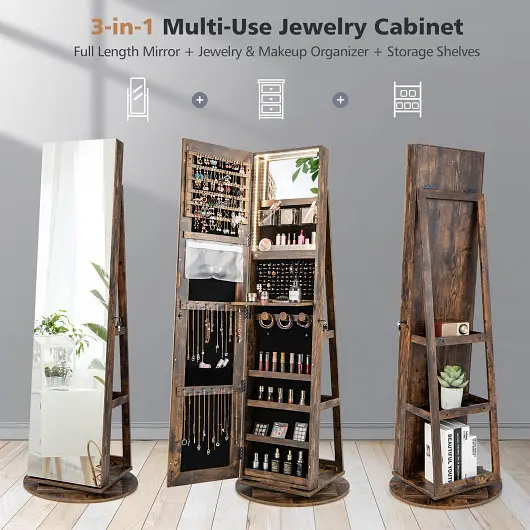 Costway 360° Rotating Mirrored Jewelry Cabinet Armoire 3 Color LED Modes Lockable, Brown, JV10430CF