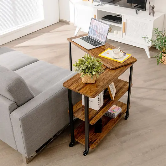 Costway 360° Rotating Sofa Side Table Storage Shelves and Wheels, Espresso, HW63073BN