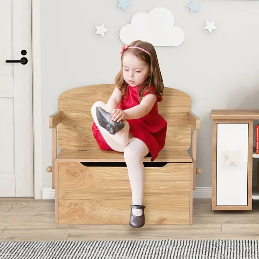 Costway 3--1 Kids Convertible Storage Bench Wood Activity Table and Chair Set, Natural, HW67660NA