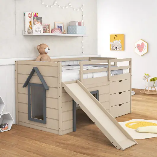 Costway 3--1 Twin Loft Bed Slide Ladder Drawers Kids Teens, Beige, HY10194GR+