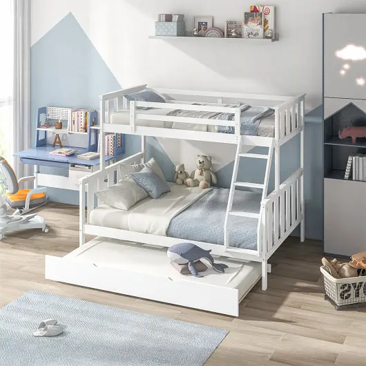 Costway 3--1 Twin Over Full Bunk Bed Trundle and Ladder, White, HU10655WH+