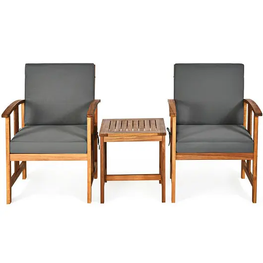 Costway 3PC Solid Wood Outdoor Patio Sofa Furniture Set, Gray, HW63885GR