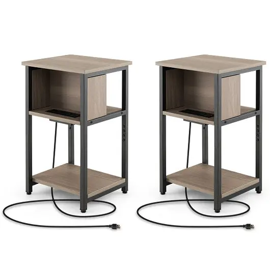 Costway 3-Tier End Table USB Ports & Power Outlets-2 Each, HU10486US-2GR