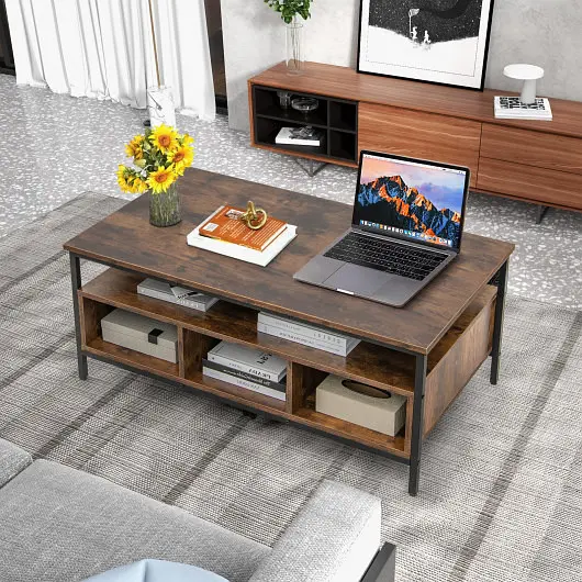 Costway 3-Tier Industrial Style Coffee Table Storage and Heavy-duty Metal Frame, Coffee, JV10662CF