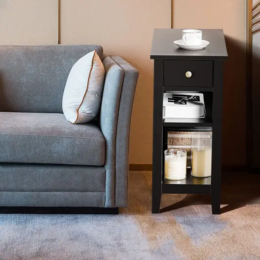 Costway 3-Tier Nightstand Bedside Table Sofa Side Double Shelves Drawer, Midnight Black, HW61591BK