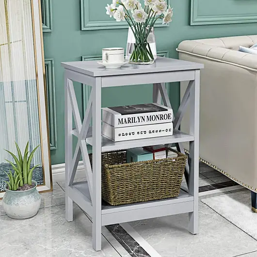 Costway 3-Tier X-Design Nightstands Storage Shelves Living Room Bedroom, Grey, HW65688GR-2