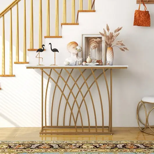 Costway 48" Gold Console Table Cream Faux Marble Tabletop, White, JV11191WH