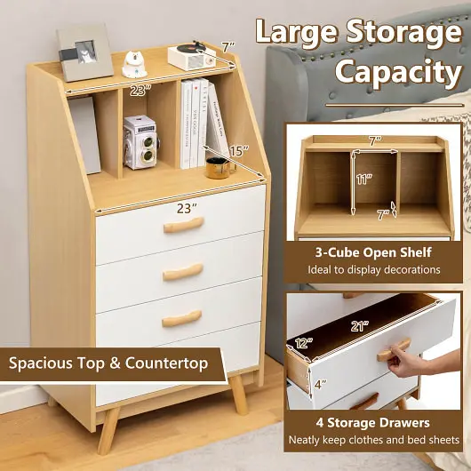 Costway 4-Drawer Dresser 2 Anti-Tipping Kits Bedroom, Natural, JZ10111NA