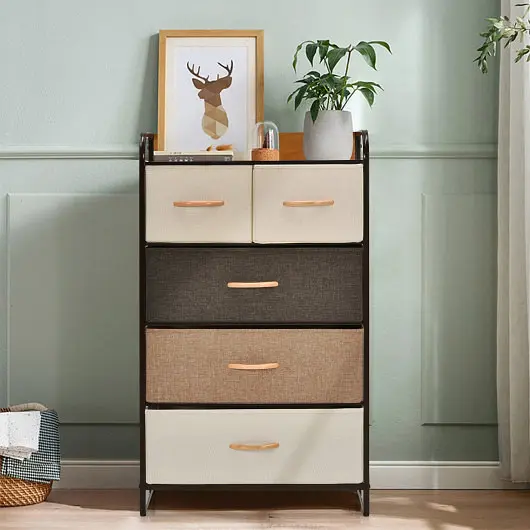 Costway 4-Tier Arranger Tower Steel Frame Wooden Top Storage 5-Drawer Dresser, HW65417