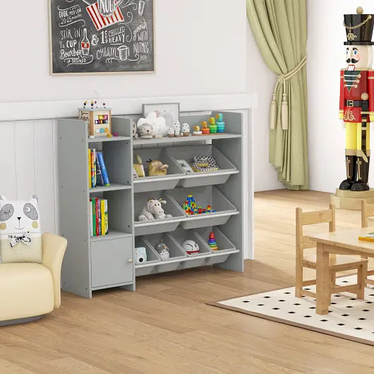 Costway 4-Tier Kids Bookshelf and Toy Storage Rack 8 Toy Arranger Bins-Grey, JZ10166GR