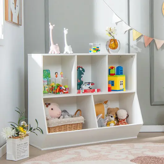 Costway 5-Cube Wooden Kids Toy Storage Arranger Anti-Tipping Kits, White, JZ10144WH