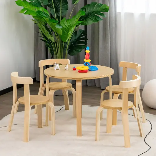 Costway 5-Piece Kids Wooden Curved Back Activity Table and Chair Set Toy Bricks, Natural, HY10044NA