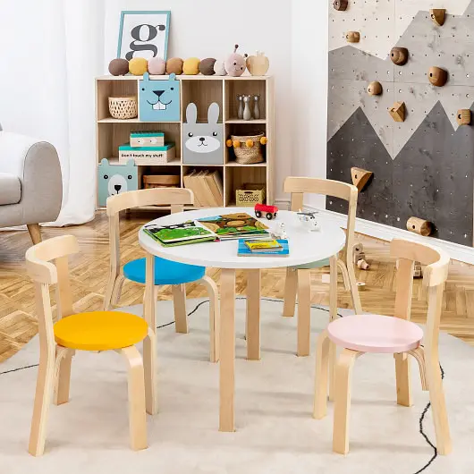 Costway 5-Piece Kids Wooden Curved Back Activity Table and Chair Set Toy Bricks, HY10044PI