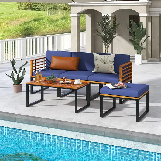 Costway 5-Piece Patio Acacia Wood Chair Set Ottoman and Coffee Table, Navy, HW70981NY+