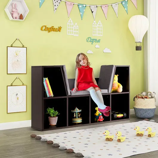Costway 6-Cubby Kid Storage Bookcase Cushioned Reading Nook, Brown, HW65932BN
