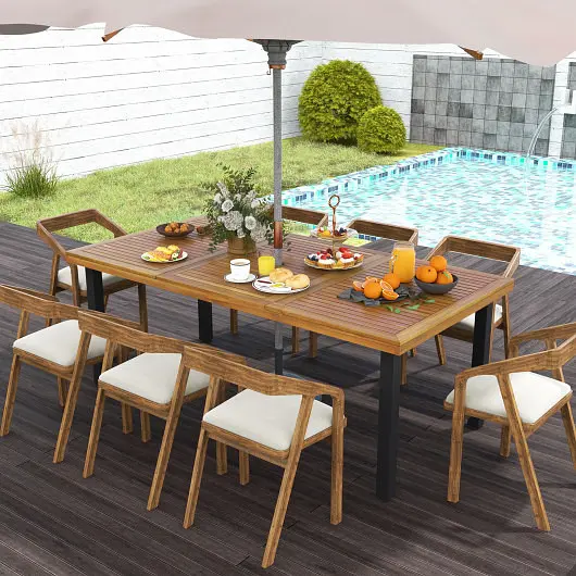 Costway 79" Acacia Wood Dining Table 8-Person Patio Table 1.9" Umbrella Hole and Adjustable Foot Pads, HW71588