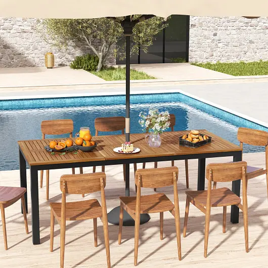 Costway 8-Person Outdoor Dining Table 79 Inch Acacia Wood Patio Table Umbrella Hole, HW71585