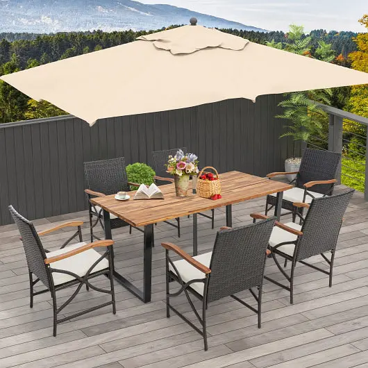 Costway Acacia Wood Table and 6 Wicker Chairs Umbrella Hole-X, Side Handrail, HW70832-2+HW70832-4+HW70840