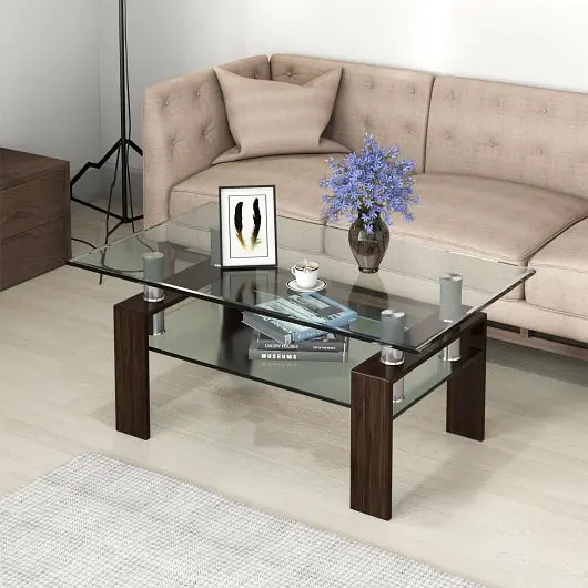 Costway Adaptable Rectangle Glass Coffee Table Metal Legs Living Room, Tan, HV10194CF