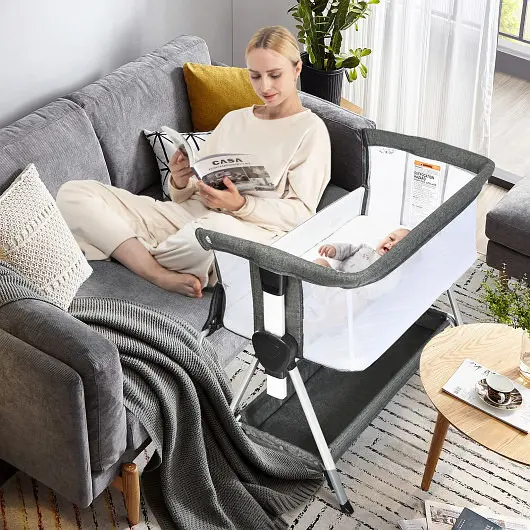 Costway Adjustable Baby Bedside Crib Large Storage, Dark Charcoal, BB5544DG