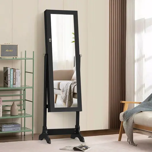 Costway Advanced Lockable Mirrored Jewelry Cabinet Armoire Storage Arranger Box, Black, JV10770BK