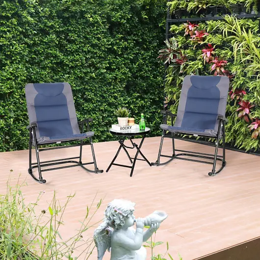Costway Advanced 3 Pieces Outdoor Folding Rocking Chair Table Set Cushion, Sky Blue, OP3638BL