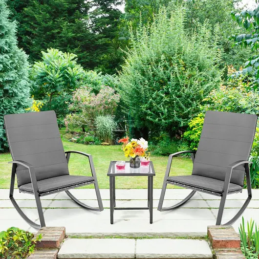 Costway Advanced 3 Pieces Patio Rattan Rocking Furniture Set, Gray, NP10512GR