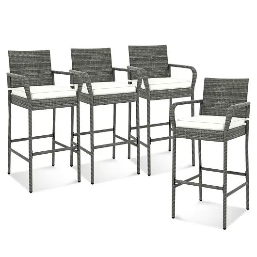 Costway All Weather PE Rattan Bar Chairs Set 4 Armrests and Seat Cushions Porch Backyard, HW71636-4