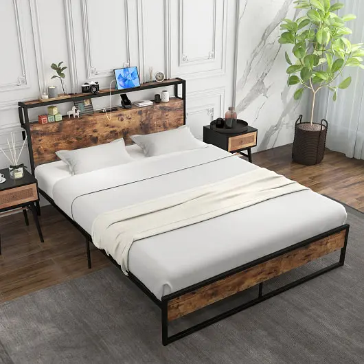 Costway All-Purpose Bed Frame 2-Tier Storage Headboard and Charging Station, Queen Size, HU10474-Q