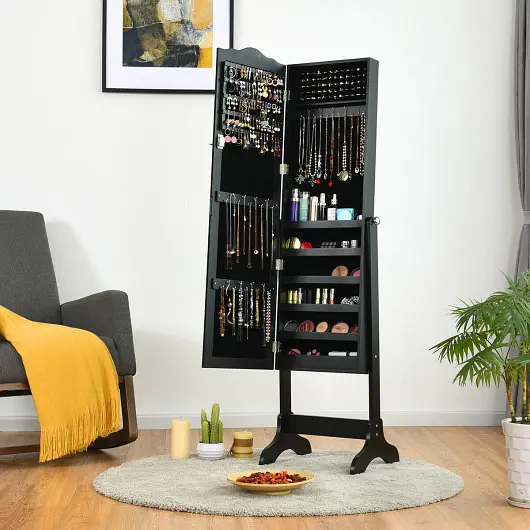 Costway All-Weather Mirrored Lockable Jewelry Cabinet Armoire Arranger Storage Box, Black, JV10088BK