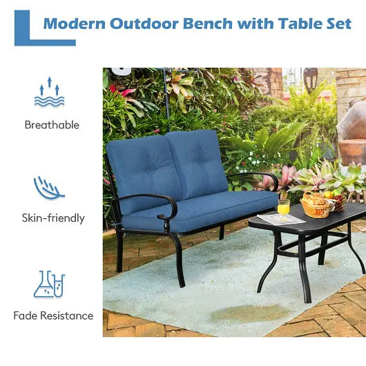 Costway Authentic 2 Pieces Patio Loveseat Bench Table Furniture Set Cushioned Chair, Cobalt, NP10179NY