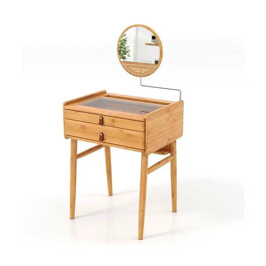 Costway Bamboo Makeup Vanity Table Mirror 2 Storage Drawers, Unfinished, JV11087NA