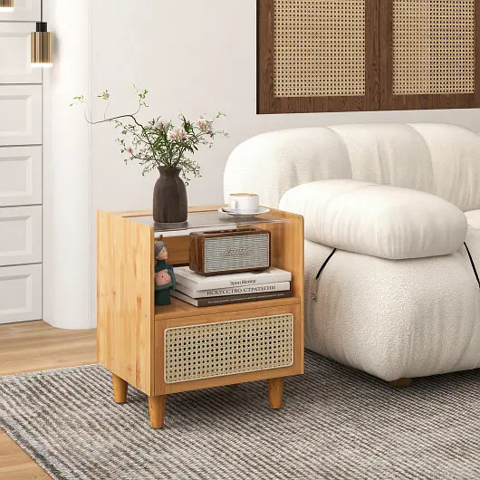Costway Bamboo Rattan Nightstand Drawer and Solid Wood Legs, Natural, HU10554NA-1