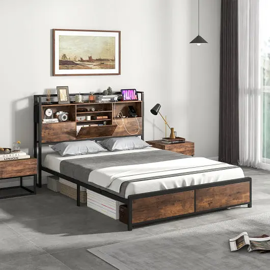 Costway Bed Frame 3-Tier Bookcase Headboard and Charging Station, Queen Size, HU10644US-Q