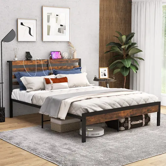 Costway Bed Frame Charging Station and Storage Headboard, Queen Size, HU10587CF-Q