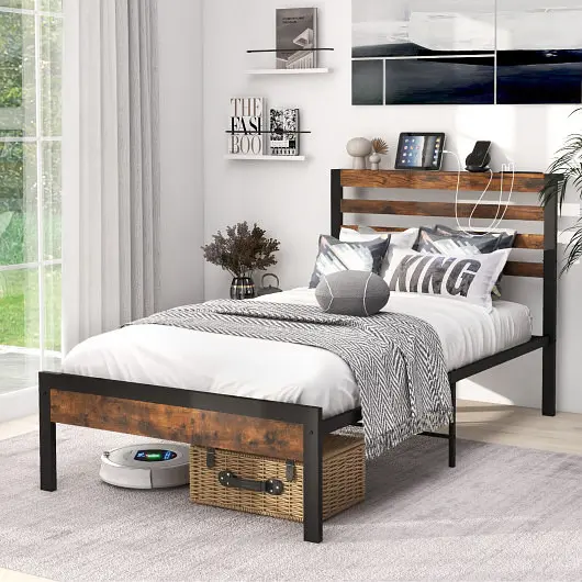 Costway Bed Frame Charging Station and Storage Headboard, Twin Size, HU10587CF-T