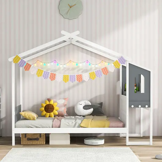 Costway Bed Frame Houtilize Roof Canopy and Fence Kids, Full Size, HU10710WHF+