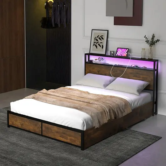 Costway Bed Frame Intelligent LED Lights and Storage Drawers, Full Size, HU10347US-F