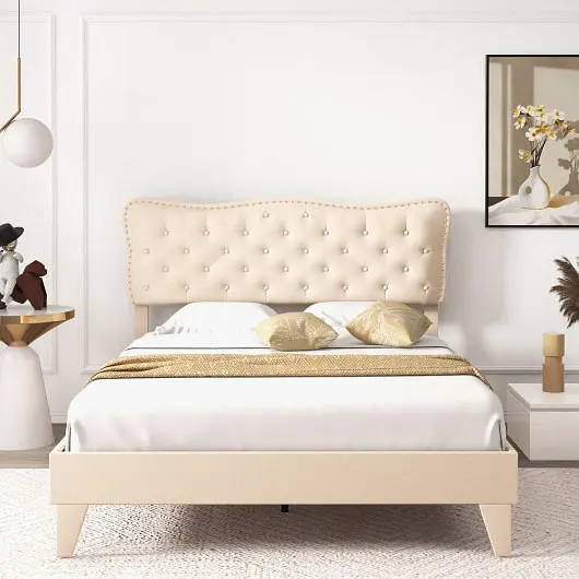 Costway Bed Frame Nail Headboard and Wooden Slats, Queen Size, HU10422BE-Q