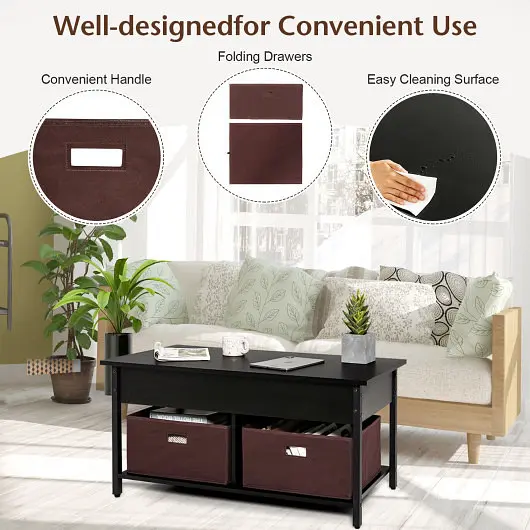 Costway Big Lift Top Coffee Table Central Table Drawers and Hidden Compartment Living Room, Black, JV10136DK