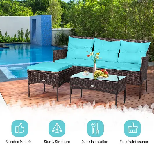 Costway Bright 3 Each Patio Furniture Sectional Set 5 Comfortable Seat and Back Cushions, Turquoise, HW67714TU