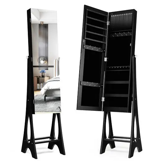 Costway Bright LED Jewelry Cabinet Armoire Arranger Bevel Edge Mirror, Carbon Black, JV10081BK