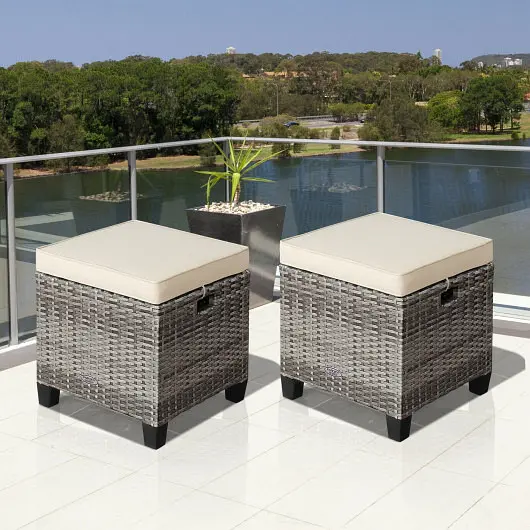 Costway Certified 2 Pieces Patio Rattan Ottoman Seat Removable Cushions, Beige, HW67568WH