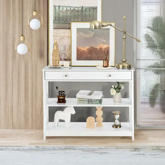 Costway Chemical-Resistant Console Table 3-Tier Drawer and Storage Shelves, Cream, HW66090WH