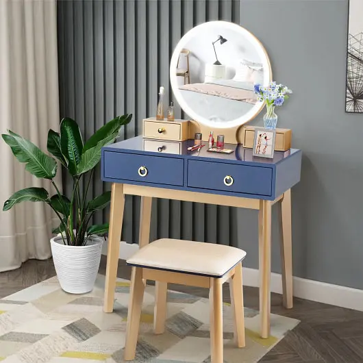 Costway Chemical-Resistant Makeup Vanity Table Set 3 Color Lighting Dressing Table, Blue, HW65990US-NY
