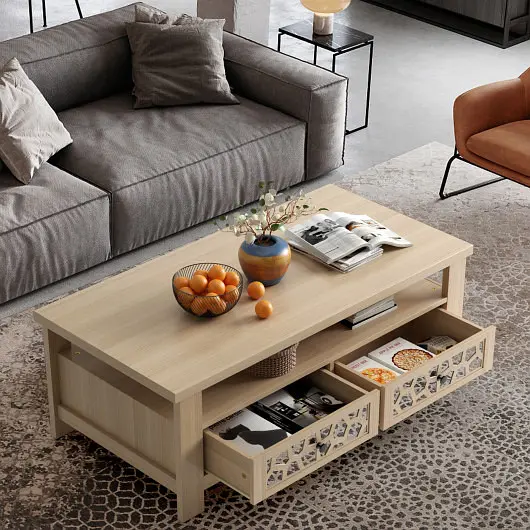 Costway Classic 3-tier Coffee Table 2 Drawers and 5 Substantiate Legs, Natural, JV10690NA