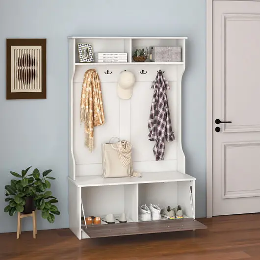 Costway 3 1 Coat Rack Entryway Bench and Hooks and Enclosed Cabinet, Bright White, HU10448WH