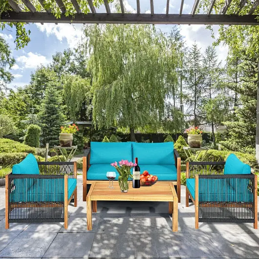 Costway 4 Count Acacia Wood Outdoor Patio Furniture Set Cushions, Turquoise, HW63868TU+