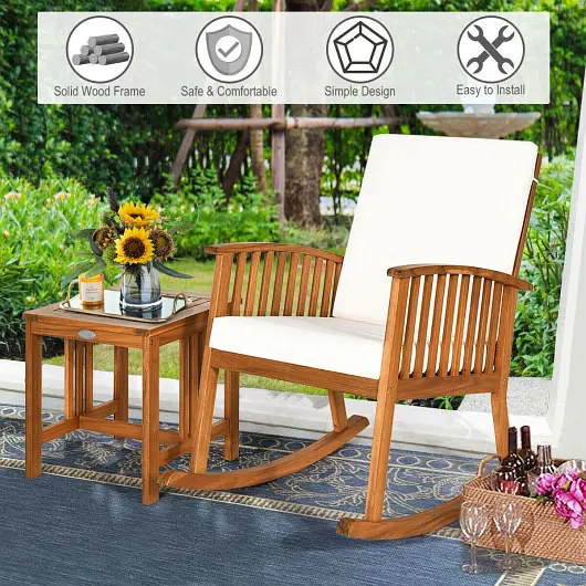 Costway 2 Count Acacia Wood Patio Rocking Chair Table Set, HW63887